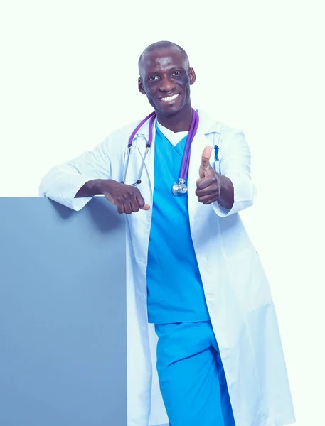 Male doctor holding empty placard. Doctor. Billboard — Stock Photo, Image