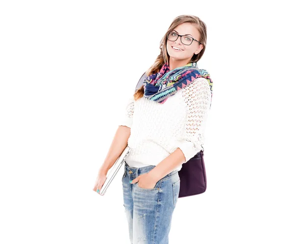 Smiling teenager with laptop on white background. Student. — Stock Photo, Image