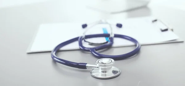 Medical equipment: blue stethoscope and tablet on white background. Medical equipment — Stock Photo, Image