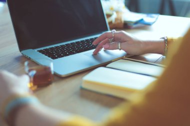 Kredi kartı tutan ve dizüstü bilgisayar kullanan genç bir kadın. Çevrimiçi alışveriş kavramı