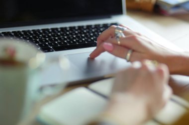 Kredi kartı tutan ve dizüstü bilgisayar kullanan genç bir kadın. Çevrimiçi alışveriş kavramı