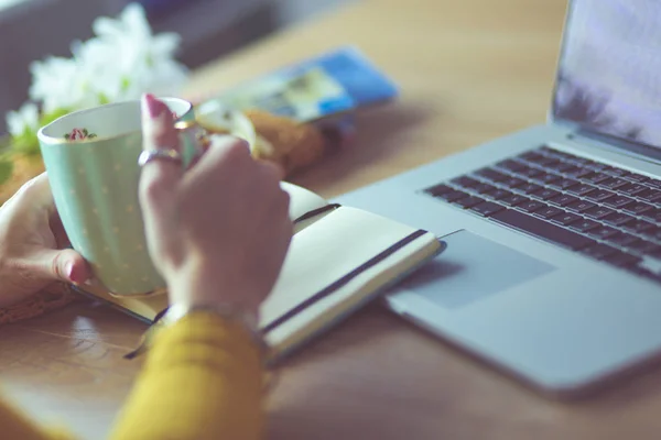 Jovem segurando cartão de crédito e usando computador portátil. Conceito de compras online — Fotografia de Stock