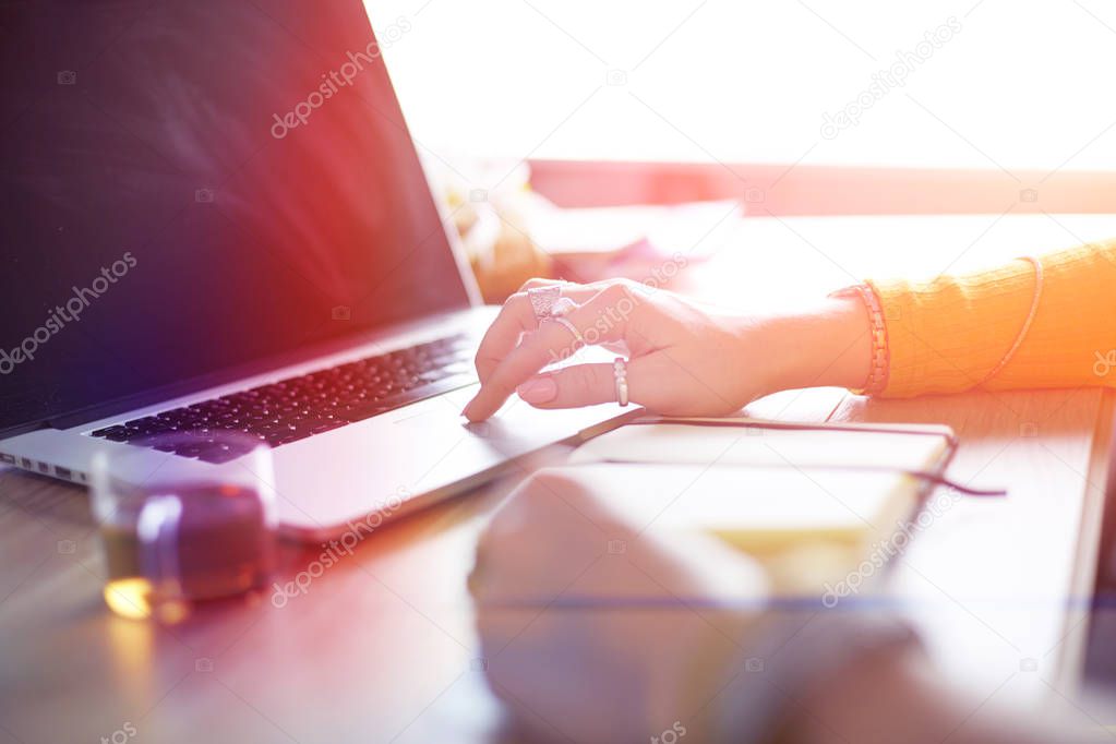 Young woman holding credit card and using laptop computer. Online shopping concept