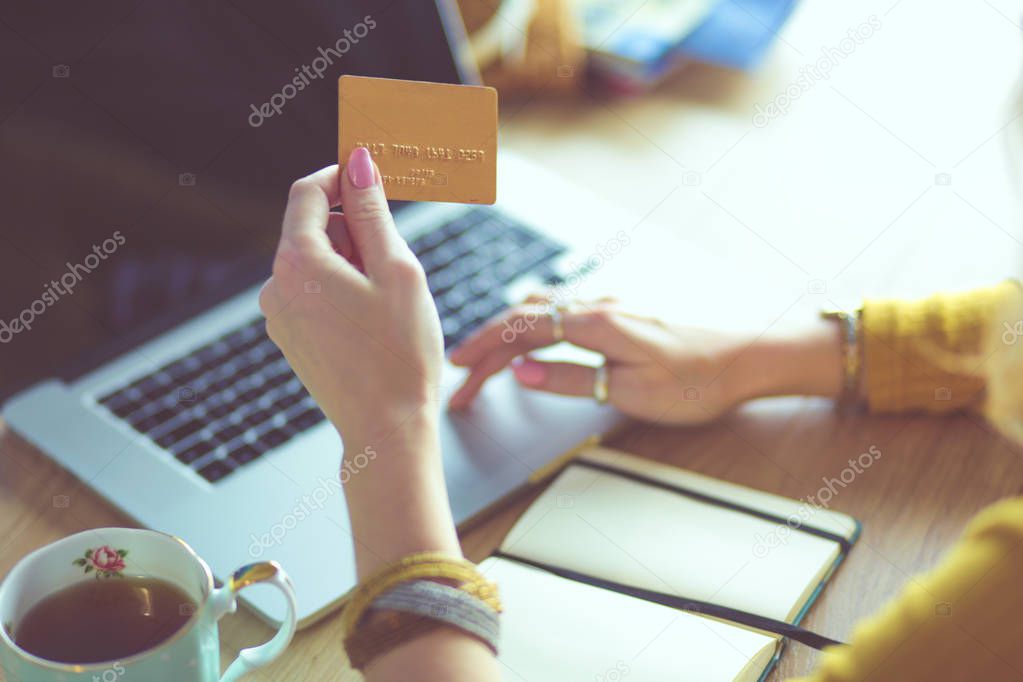 Young woman holding credit card and using laptop computer. Online shopping concept