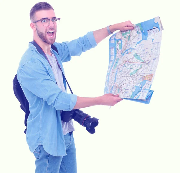 Young man holding at map on white background. Young man holding a map