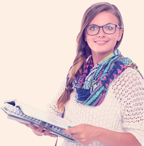 Hermosa joven con libros, aislada sobre fondo blanco. Estudiante —  Fotos de Stock