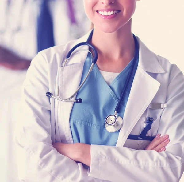 Two female women medical doctors looking at x-rays in a hospital. — Stock Photo, Image