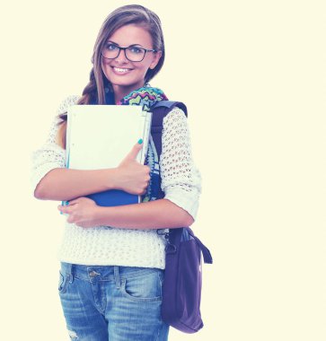 Egzersiz kitap tutan genç öğrenci kadın portresi. Öğrenci. Üniversitesi