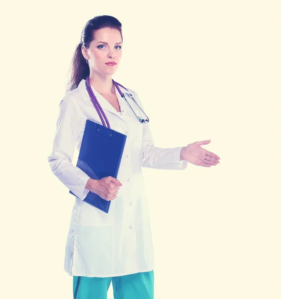 Smiling female doctor with a folder in uniform standing at hospital. Smiling female doctor — Stock Photo, Image
