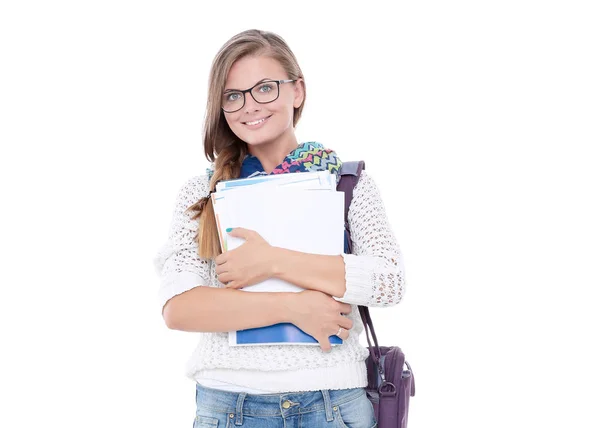 Retrato de una joven estudiante sosteniendo libros de ejercicios. Estudiante. Universidad — Foto de Stock