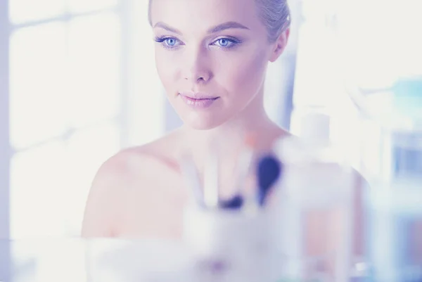 Young Woman Bathrobe Looking Bathroom Mirror — Stock Photo, Image