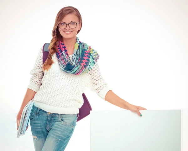 Vacker student kvinna som pekar på tomt ombord. Student. — Stockfoto