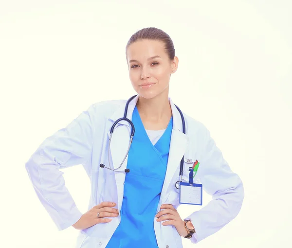 Mulher Bonita Casaco Branco Posando Com Mão Bolso Mulher Médica — Fotografia de Stock