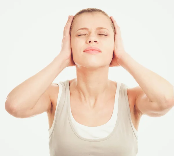 Young woman with head pain on white background — Stock Photo, Image