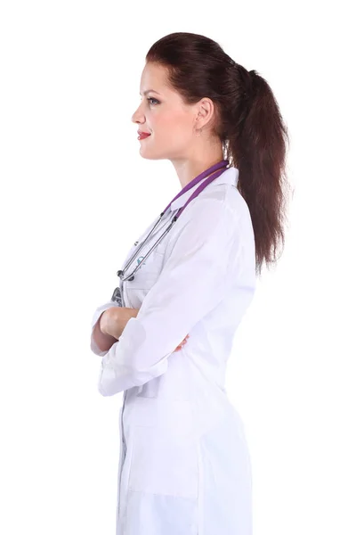 Portret van de jonge vrouw arts met witte jas staan in het ziekenhuis. Portret van de jonge vrouw arts — Stockfoto