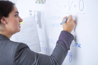 İş, eğitim ve ofis konsepti - yönetim kurulu ile iş ekibi bir şey tartışıyor.