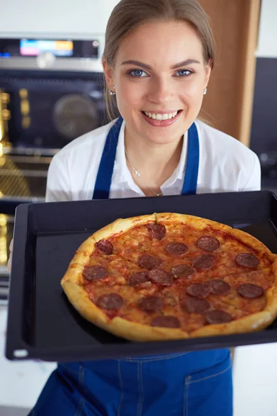 Happy Young Woman Cooking Pizza Home — Stock Photo, Image