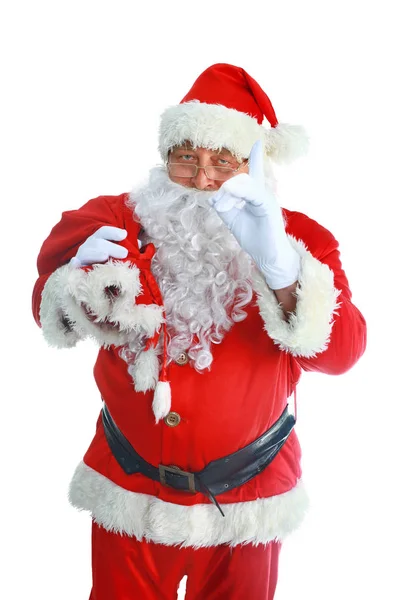 Weihnachtsmann mit Weihnachtsgeschenk, isoliert auf weißem Hintergrund. — Stockfoto