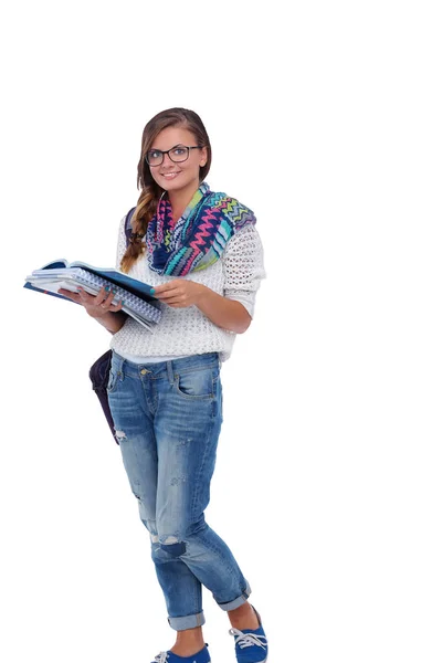 Όμορφη νεαρή γυναίκα με βιβλία, απομονώνονται σε λευκό φόντο. Φοιτητής — Φωτογραφία Αρχείου