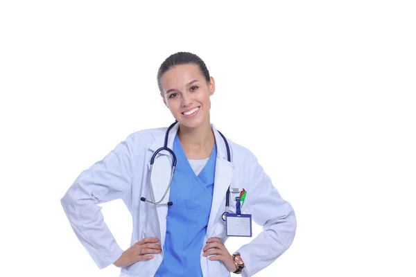 Beautiful young woman in white coat posing with hand in pocket. Woman doctor — Stock Photo, Image