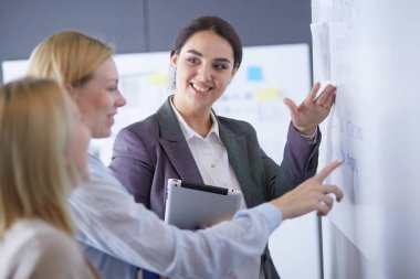 İş, eğitim ve ofis konsepti - yönetim kurulu ile iş ekibi bir şey tartışıyor.