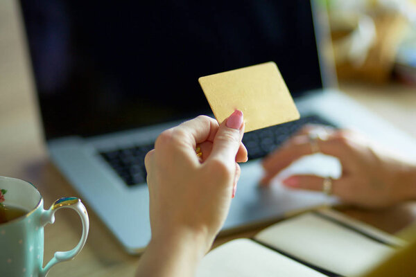 Young woman holding credit card and using laptop computer. Online shopping concept