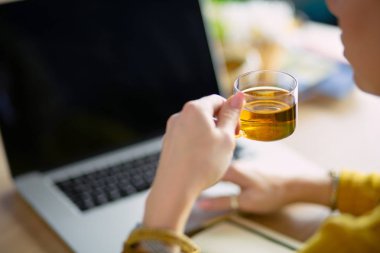 Kredi kartı tutan ve dizüstü bilgisayar kullanan genç bir kadın. Çevrimiçi alışveriş kavramı