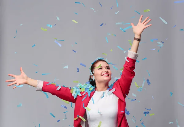 Portreit beautiful happy woman at celebration party with confetti .Birthday or New Year eve celebrating concept. — Stock Photo, Image