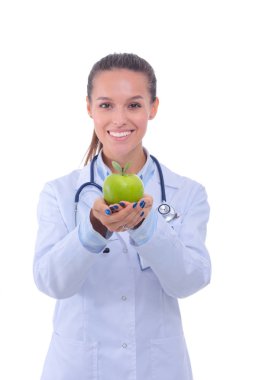 Yeşil elmalı gülümseyen kadın doktor. Kadın doktor