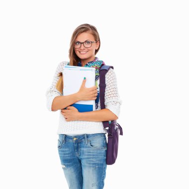 Egzersiz kitap tutan bir genç öğrenci kadın portresi.