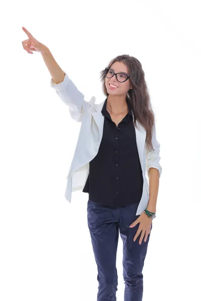 Zakenvrouw wijst naar je kijkend naar de camera. Geïsoleerd op witte achtergrond. Zakelijke vrouw — Stockfoto