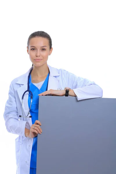 A female doctor with a blank billboard. Woman doctor — Stock Photo, Image