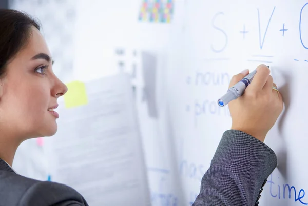 Conceito de negócios, educação e escritório - equipe de negócios com flip board no escritório discutindo algo. — Fotografia de Stock