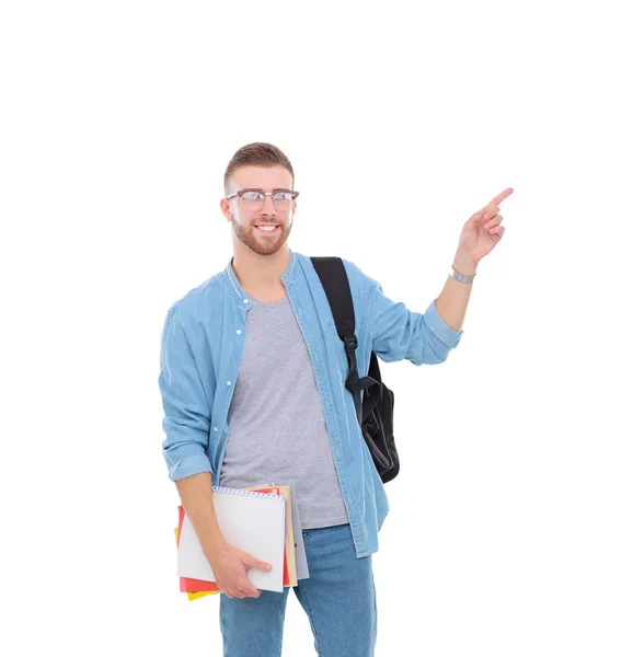 白い背景で隔離の本を保持しているランドセルの男子学生。教育の機会。大学生. — ストック写真