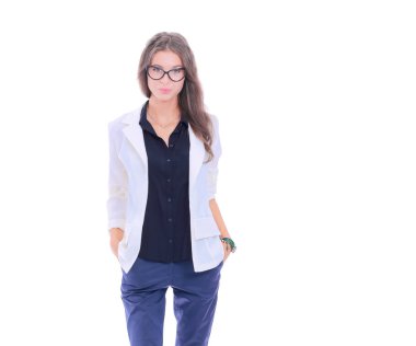 Duran, beyaz arka plan üzerinde izole genç kadın. Genç kadın.