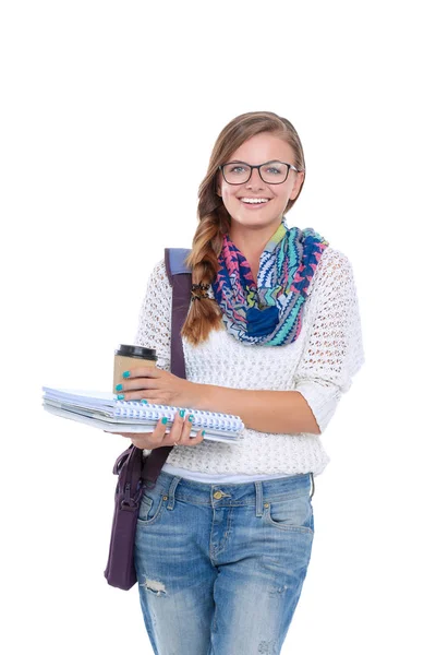 Hermosa joven con libros, aislada sobre fondo blanco. Estudiante — Foto de Stock