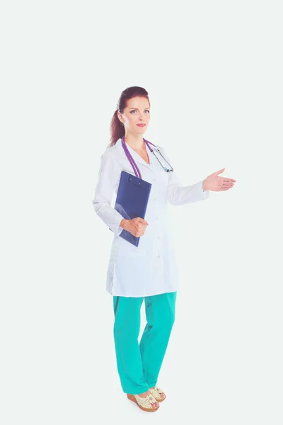 Smiling female doctor with a folder in uniform standing at hospital. Smiling female doctor — Stock Photo, Image