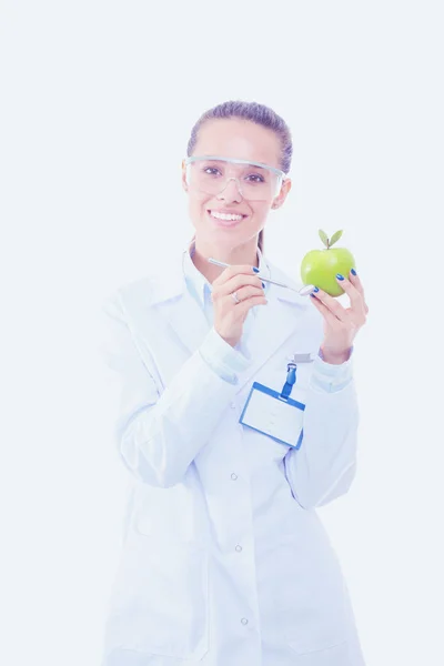 Smiling woman doctor with a green apple. Woman doctor — Stock Photo, Image