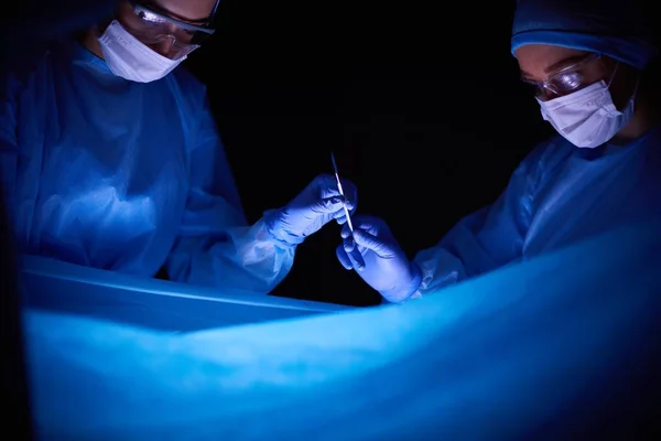 Doctors team in surgery in a dark background.