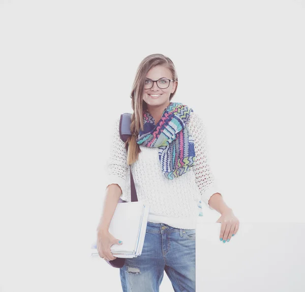 Hermosa estudiante señalando en el tablero en blanco. Estudiante . —  Fotos de Stock