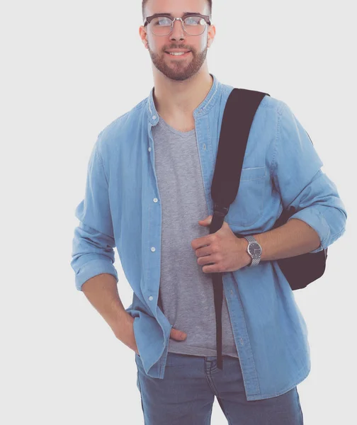 Un estudiante masculino con una bolsa de la escuela sosteniendo libros aislados sobre fondo blanco. Oportunidades educativas. Estudiante universitario . — Foto de Stock