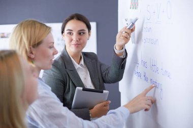 İş, eğitim ve ofis konsepti - yönetim kurulu ile iş ekibi bir şey tartışıyor.