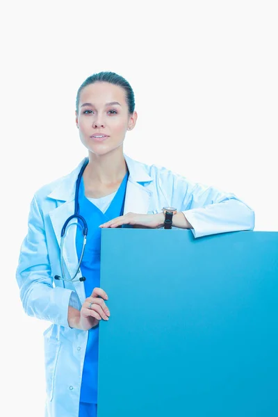 A female doctor with a blank billboard. Woman doctor — Stock Photo, Image