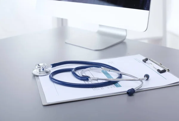 Medical equipment: blue stethoscope and tablet on white background. Medical equipment — Stock Photo, Image