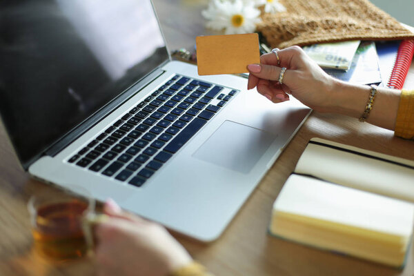 Young woman holding credit card and using laptop computer. Online shopping concept