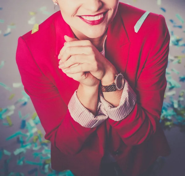 Portreit beautiful happy woman at celebration party with confetti .Birthday or New Year eve celebrating concept. — Stock Photo, Image