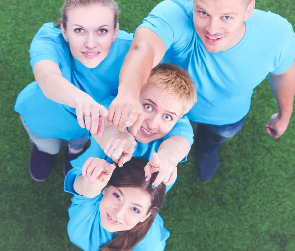 Group of young people sitting on green grass. Selfie — Stock Photo, Image