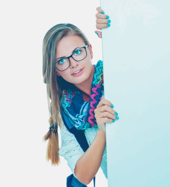 Güzel öğrenci kadın boş tahtada işaret. Öğrenci.