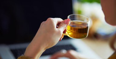 Genç bir kadın kahve molasında ya da kahve molasında dizüstü bilgisayar kullanıyor..