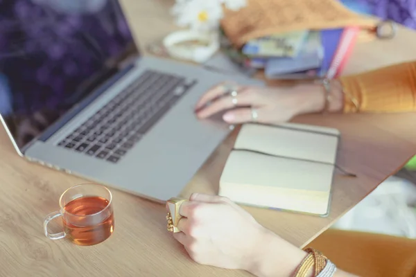 Młoda kobieta trzymająca kartę kredytową i korzystająca z laptopa. Koncepcja zakupów online — Zdjęcie stockowe